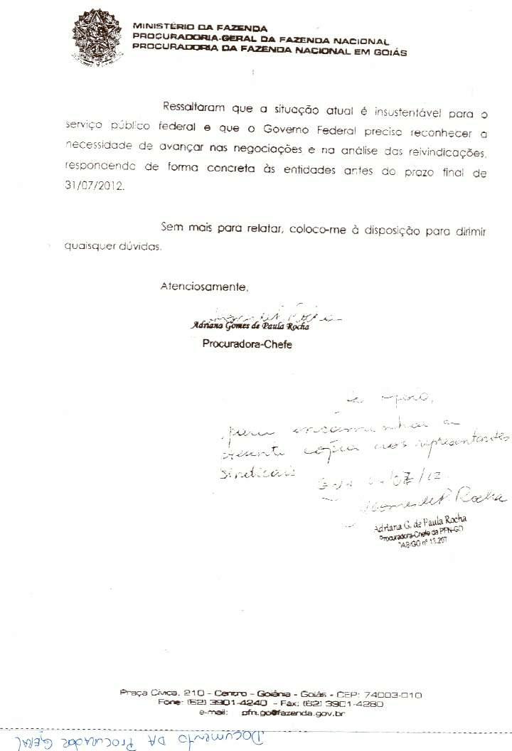 Documento da procuradora-geral da fazenda goiás