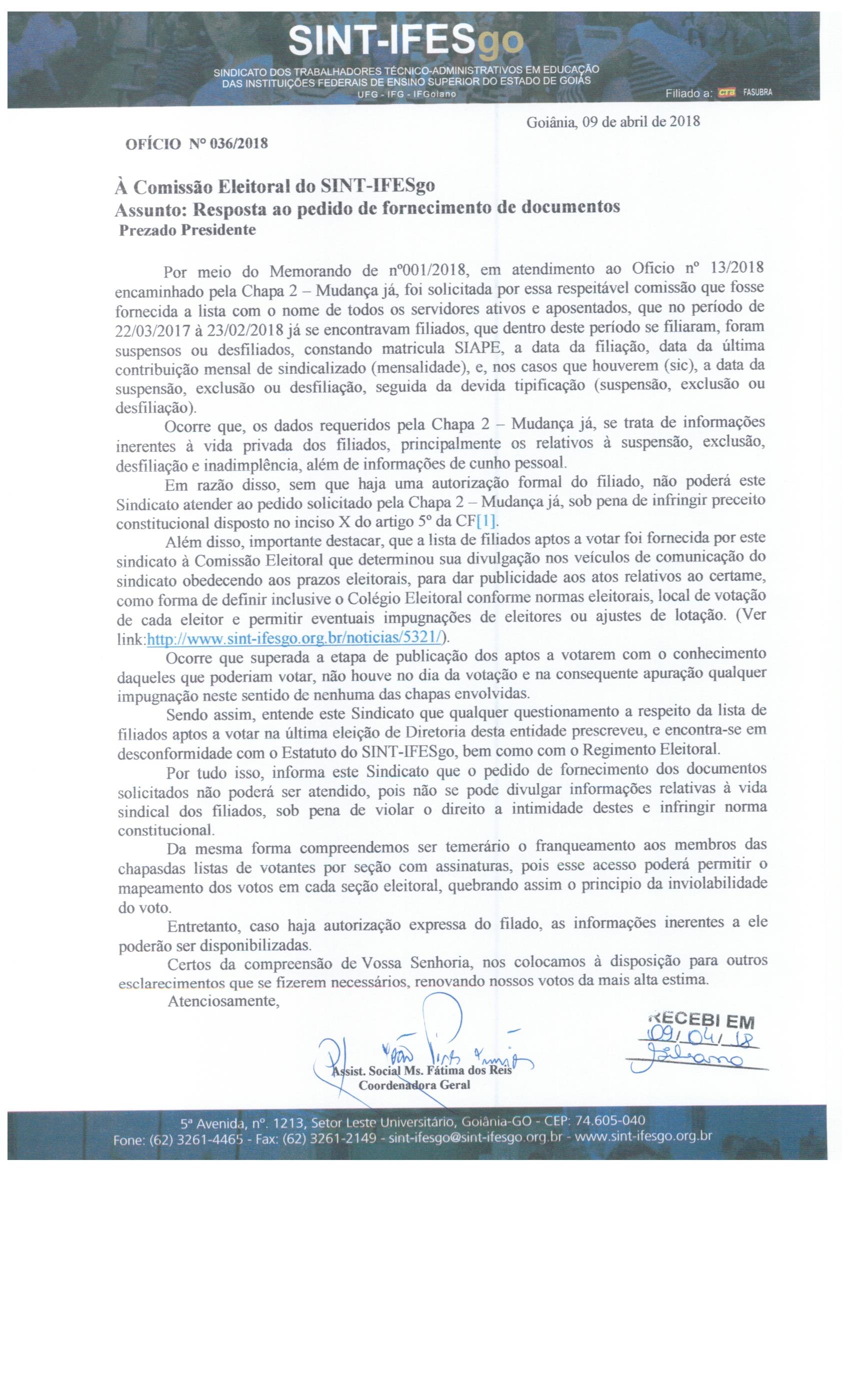 (11/04/2018) OFÍCIO Nº 036/2018 -RESPOSTA AO PEDIDO DE FORNECIMENTO DE DOCUMENTOS