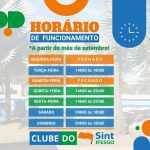 Card informativo “Horário de Funcionamento” do Clube do Sint IFESGO (a partir de setembro): seg. e qua. fechado; ter. 14h00–18h00; qui. e sex. 14h00–22h00; sáb. e dom. 09h00–18h00; fundo com piscina.